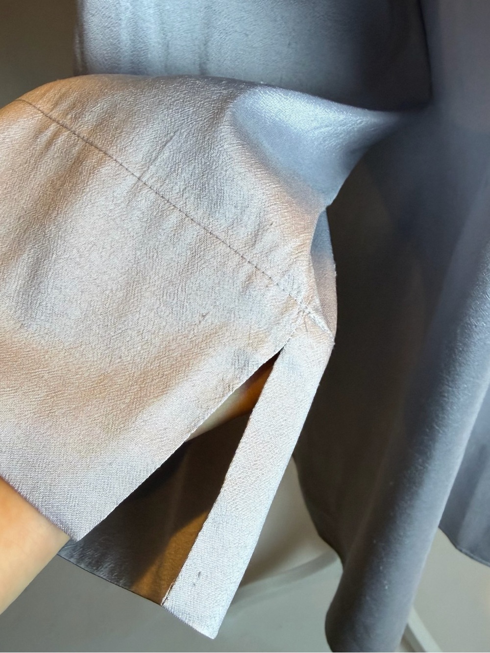 Eileen Fisher Silk Georgette Crepe Mandarin Collar Long Shirt- Light Gray - Picture 4 of 14